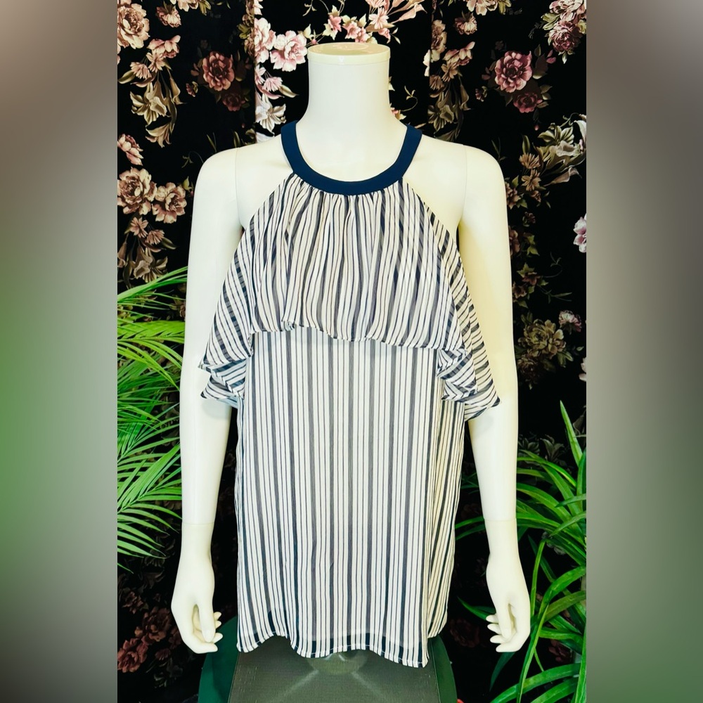 Michael Kors Navy White Striped Ruffle Top Size Large